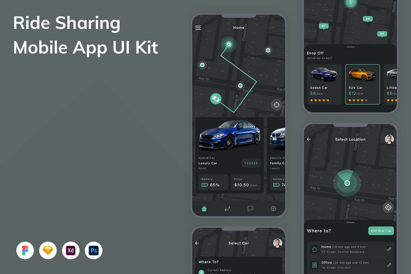 乘车共享/拼车移动应用程序App设计UI模板 Ride Sharing Mobile App UI Kit APP UI 第1张