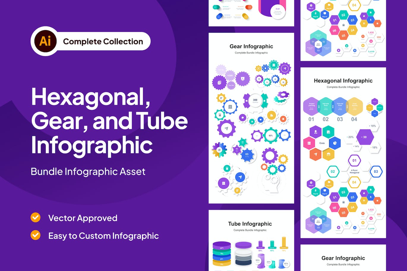 六角形、齿轮和管状信息图表素材 Hexagonal, Gear, & Tube Infographic Asset APP UI 第1张