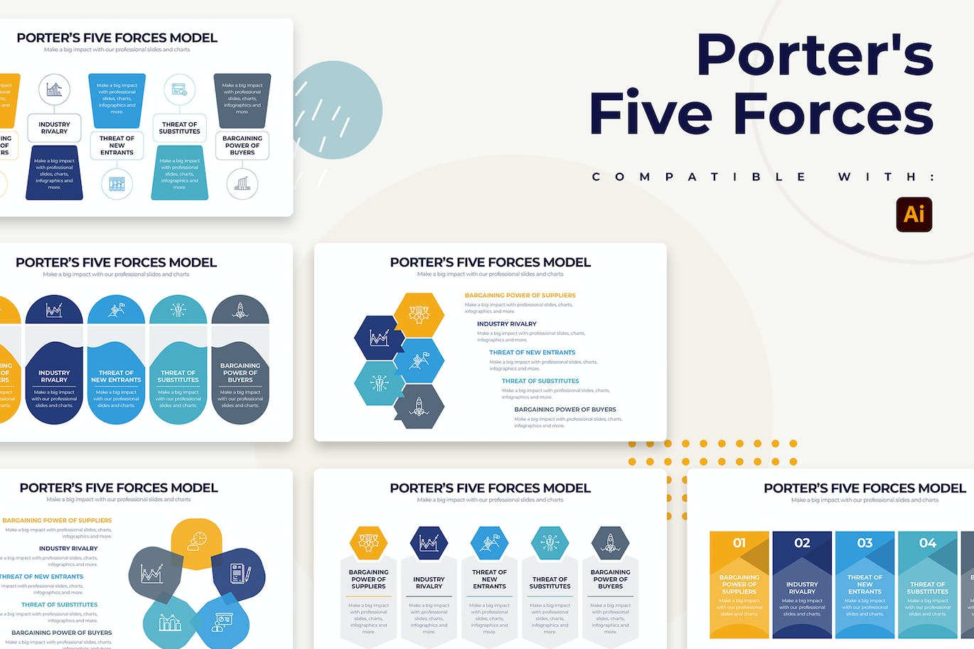 波特五力图信息图表矢量模板 Porters Five Forces Illustrator Infographics 幻灯图表 第1张