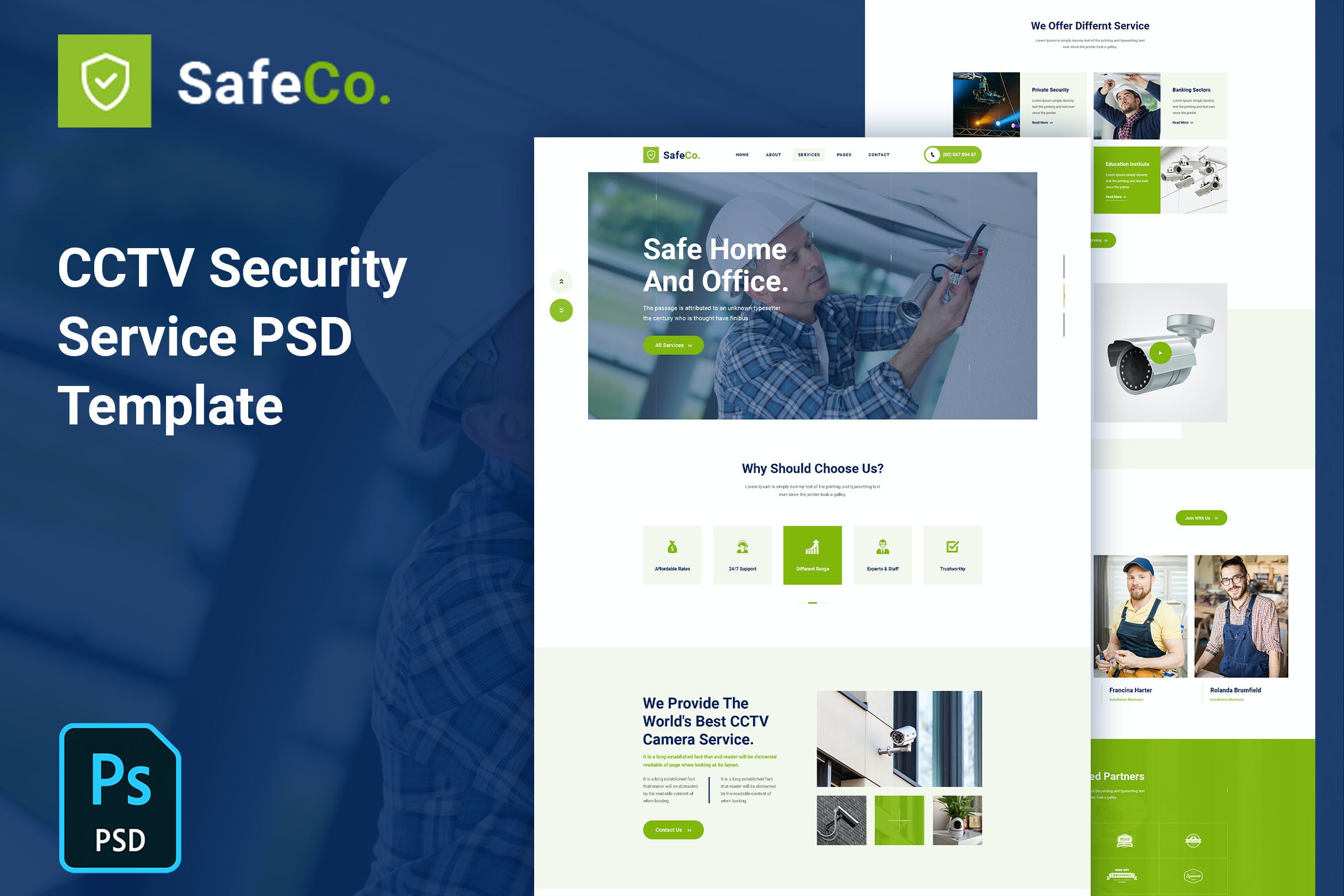 监控安全服务机构网站设计PSD模板 SafeCo – CCTV Security Service Agency PSD Template APP UI 第1张