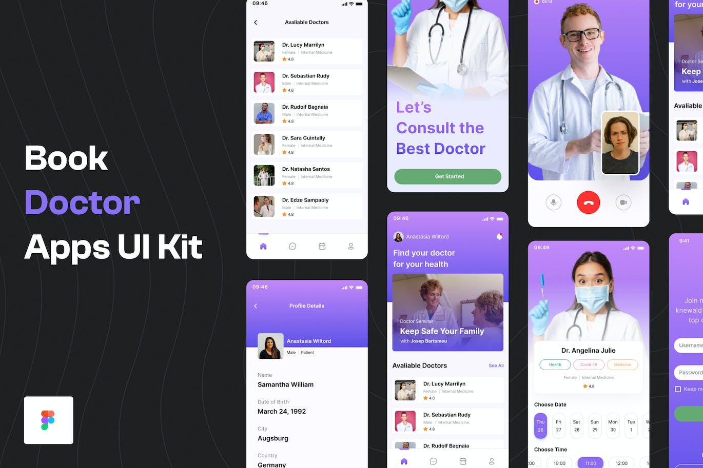 医生问诊App移动应用程序UI套件 Book Doctor App UI Kit APP UI 第1张