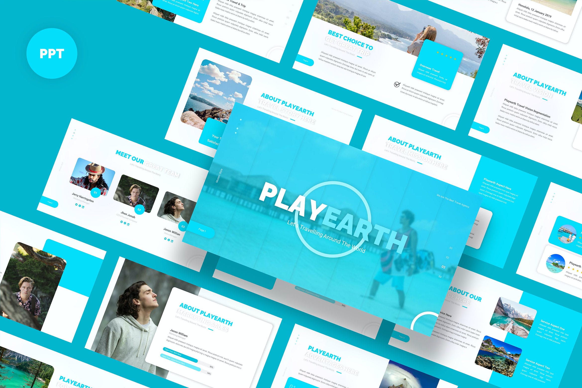 海洋旅行蓝色PPT素材 PlayEarth Travel And Trip – PowerPoint 幻灯图表 第1张
