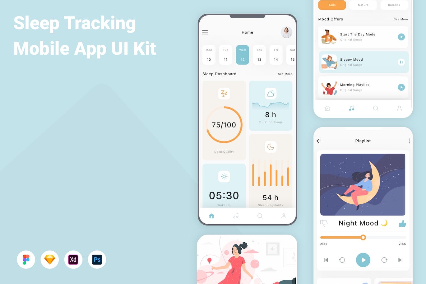 睡眠跟踪App应用程序UI设计模板套件 Sleep Tracking Mobile App UI Kit APP UI 第1张