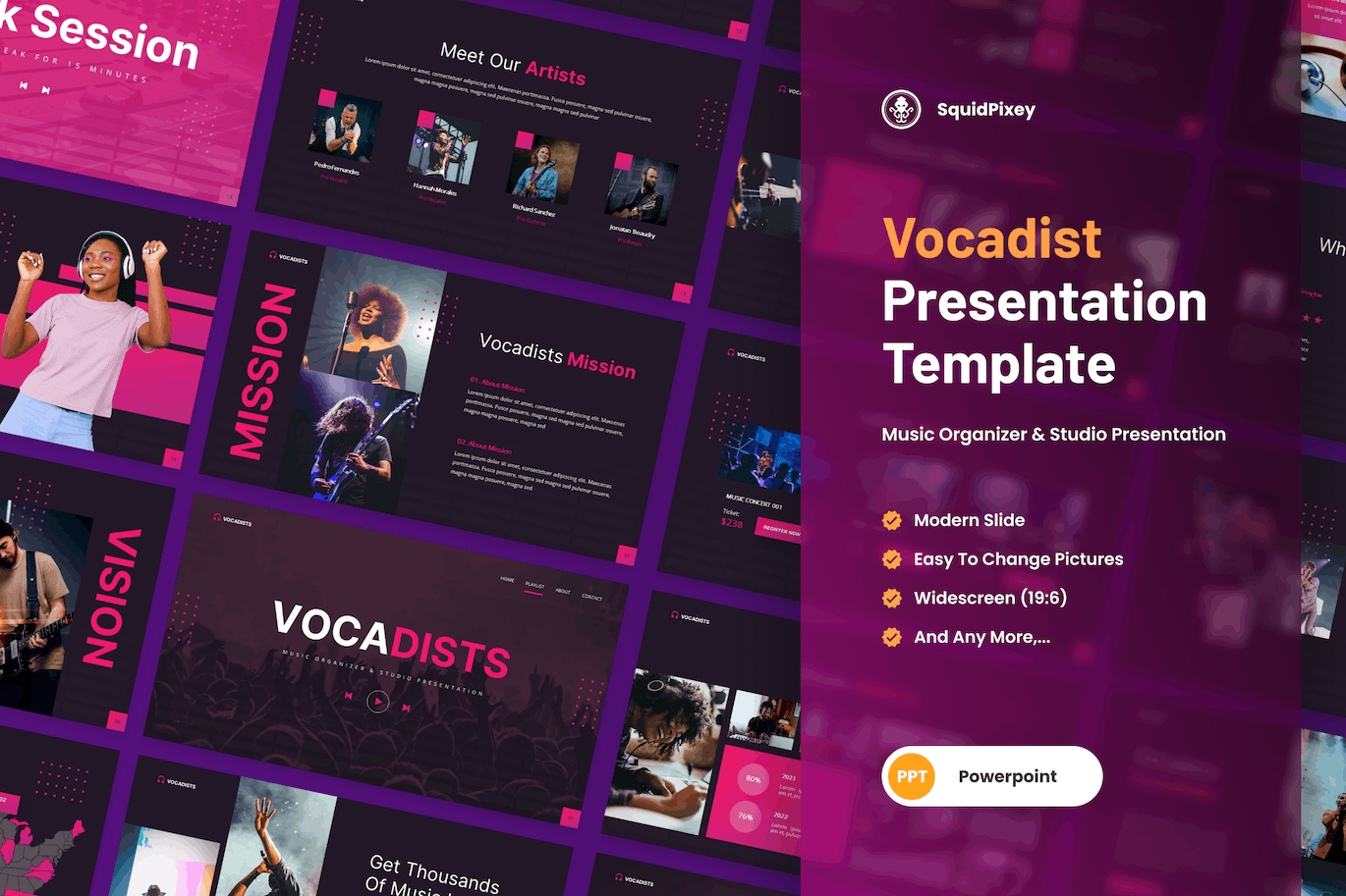 音乐团队和工作室PPT幻灯片模板 Vocadists – Music Organizer & Studio Powerpoint 幻灯图表 第1张