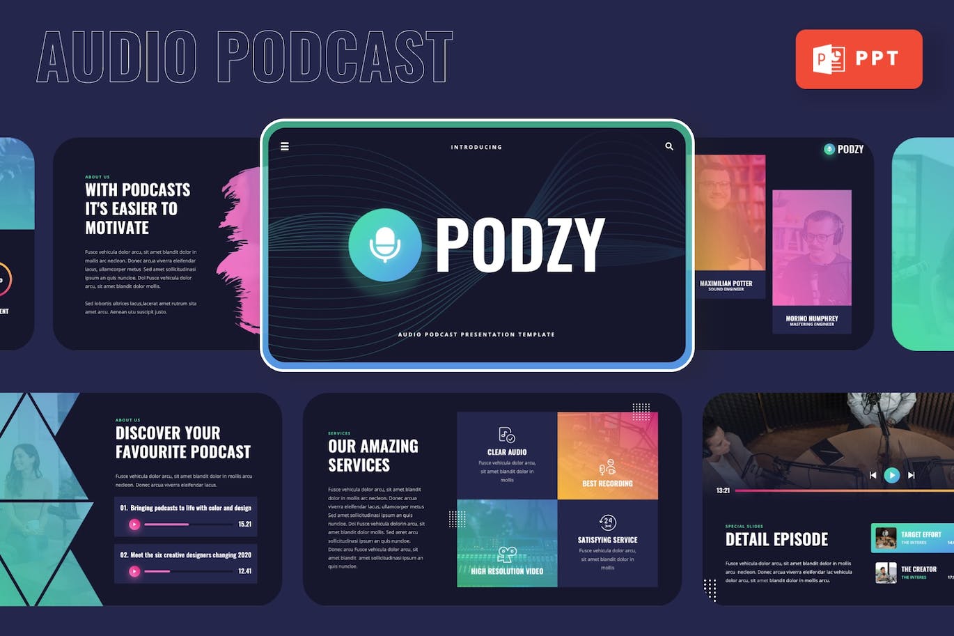 音频播客PPT模板 PODZY – Audio Podcast Powerpoint Template 幻灯图表 第1张