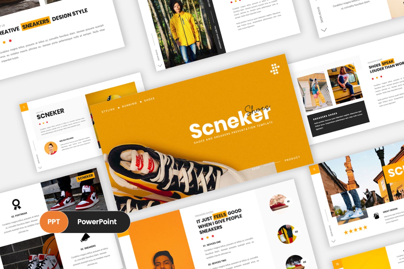 运动鞋品牌PPT幻灯片模板素材 Scneker – Shoes And Sneakers PowerPoint Template 幻灯图表 第1张