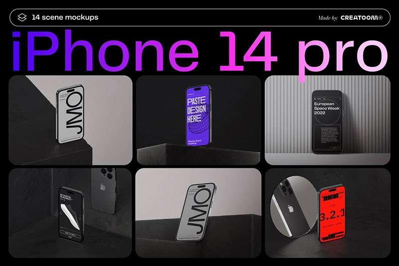 iPhone14 Pro手机暗色场景样机模板PSD 样机素材 第1张