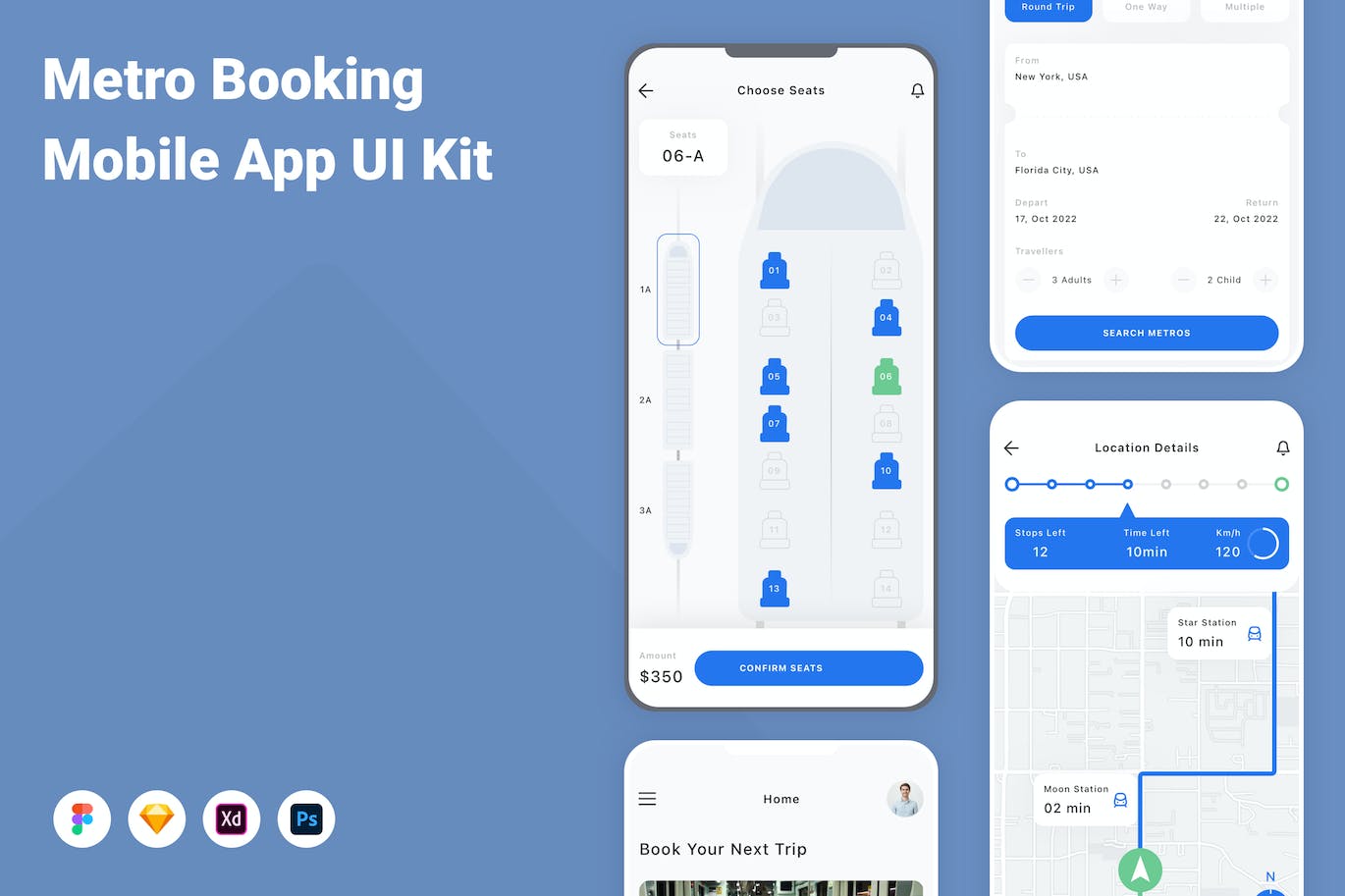 地铁预订移动应用程序App设计UI模板 Metro Booking Mobile App UI Kit APP UI 第1张
