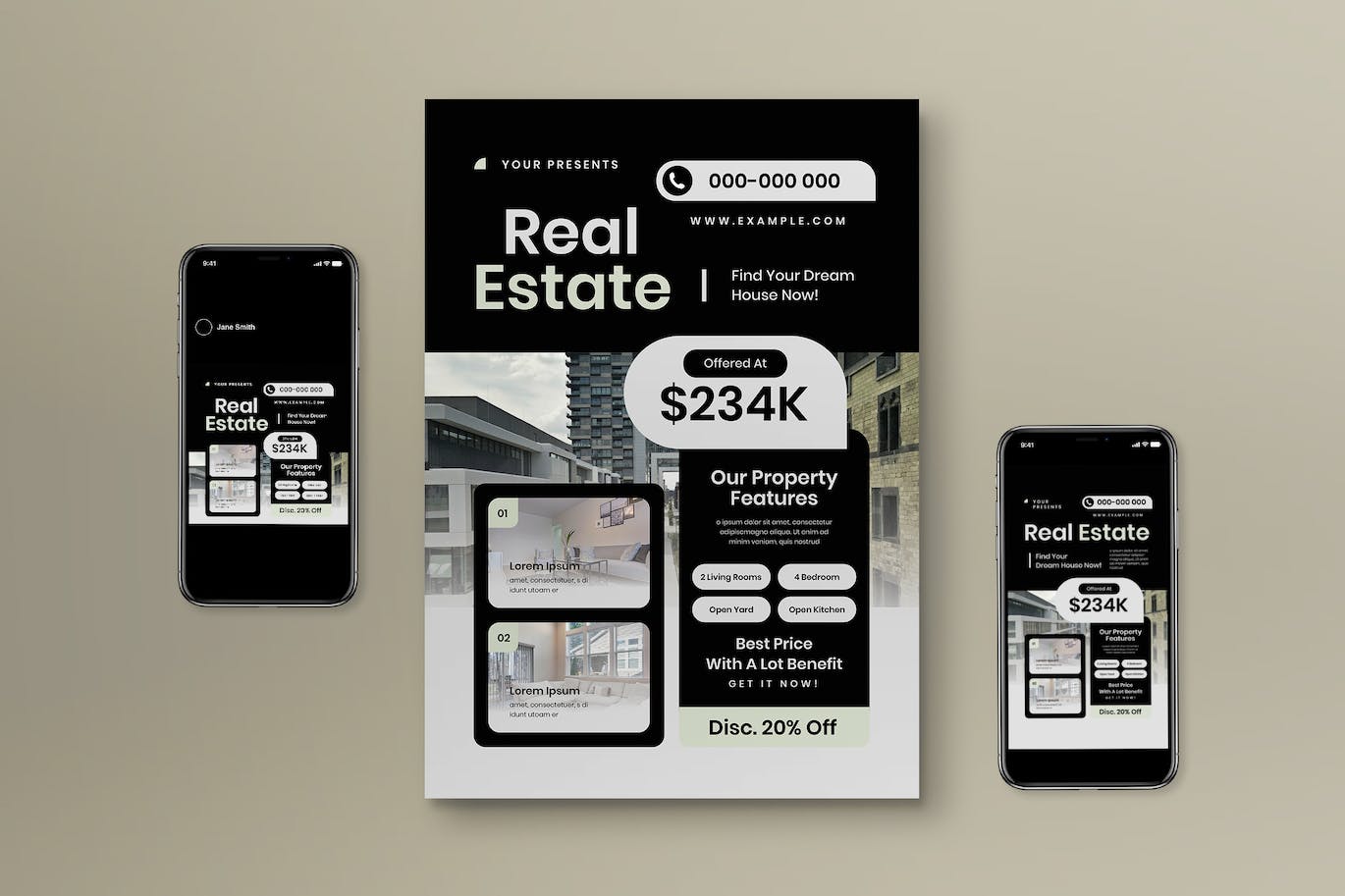 黑色几何图形房地产海报模板下载 Black Geometric Real Estate Flyer Set 设计素材 第1张