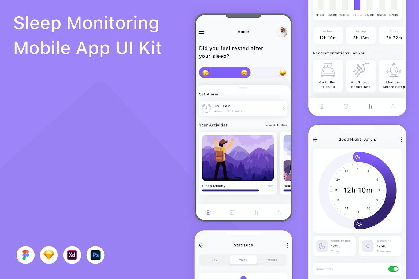 睡眠监测应用程序App界面设计UI套件 Sleep Monitoring Mobile App UI Kit APP UI 第1张