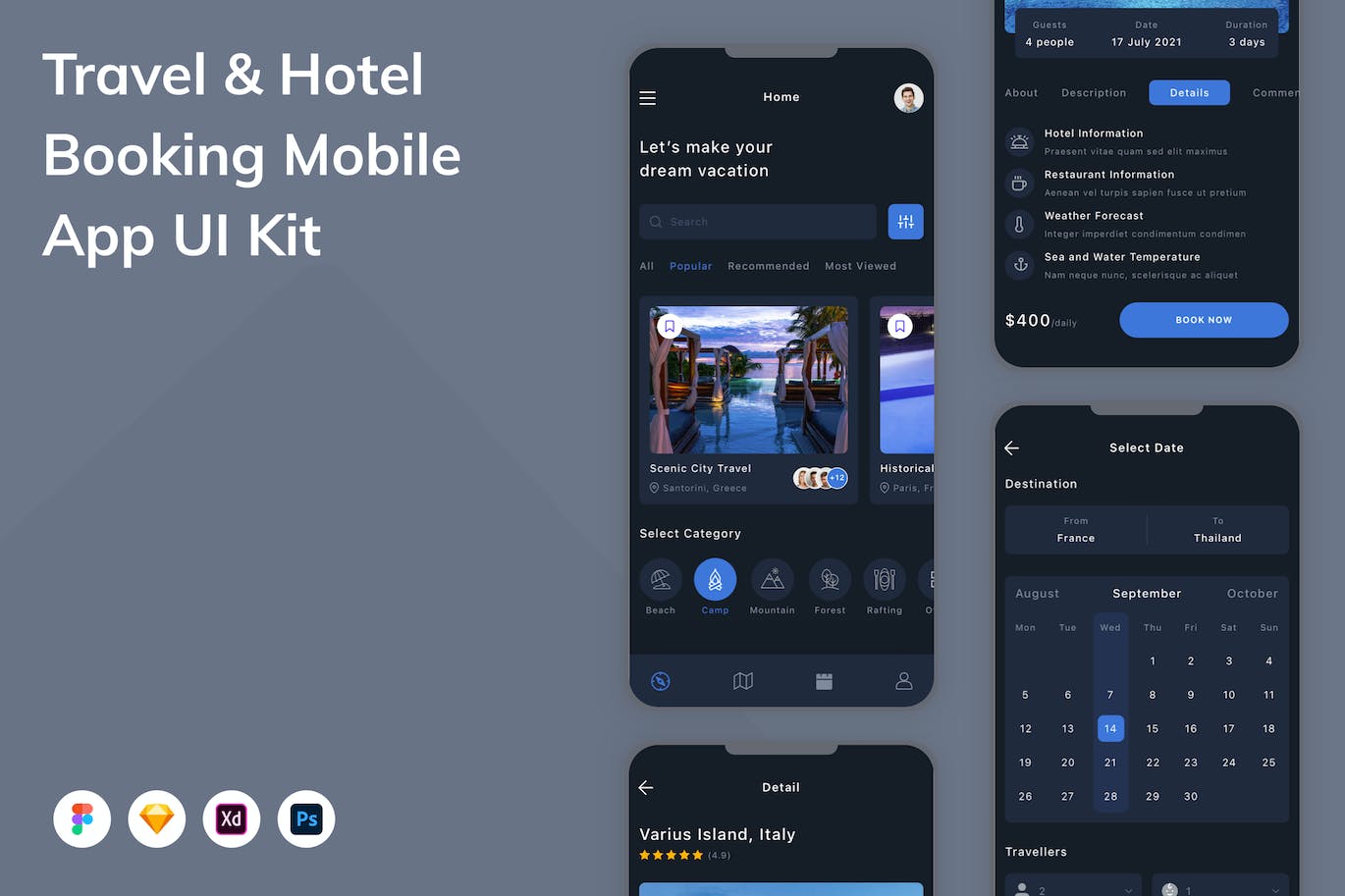 旅游和酒店预订App手机应用程序UI设计素材 Travel & Hotel Booking Mobile App UI Kit APP UI 第1张