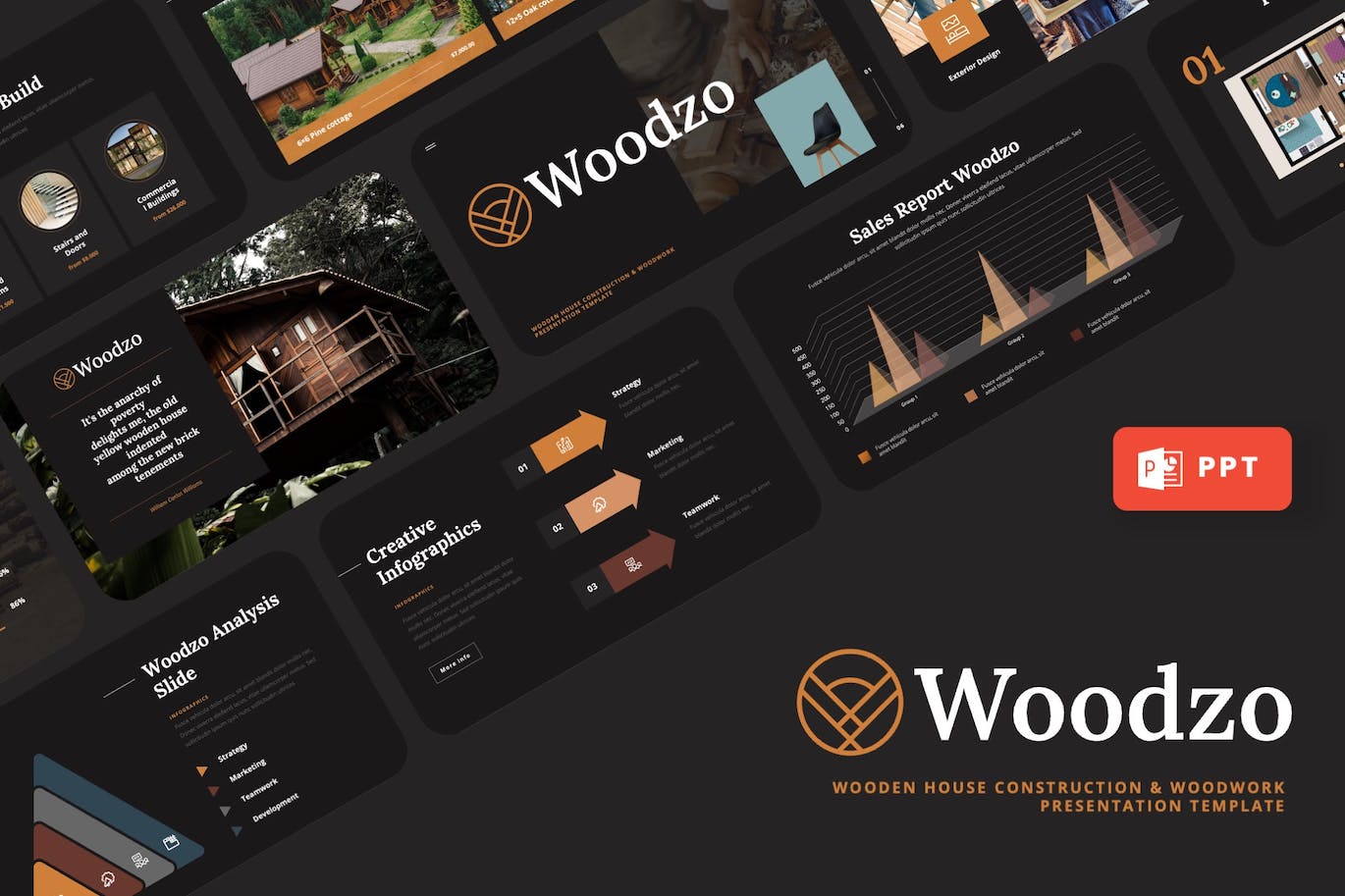 木屋房子建造PPT幻灯片模板下载 Woodzo – Wooden House Powerpoint Template 幻灯图表 第1张