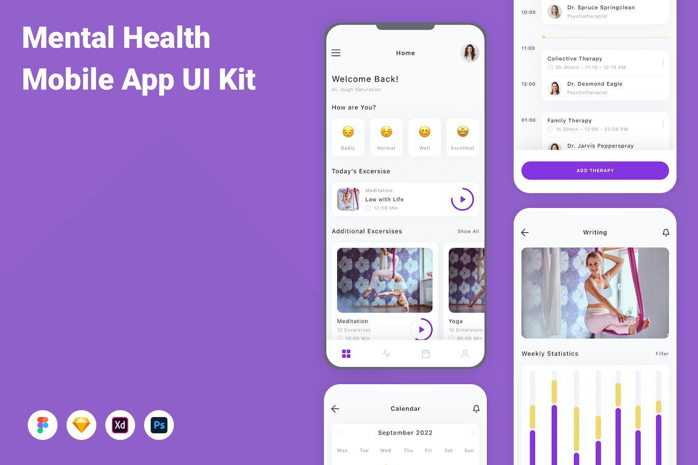 心理健康App应用程序UI设计模板套件 Mental Health Mobile App UI Kit APP UI 第1张
