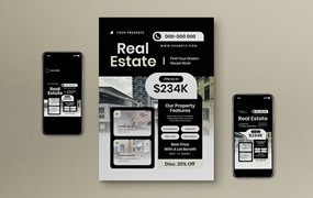 黑色几何图形房地产海报模板下载 Black Geometric Real Estate Flyer Set