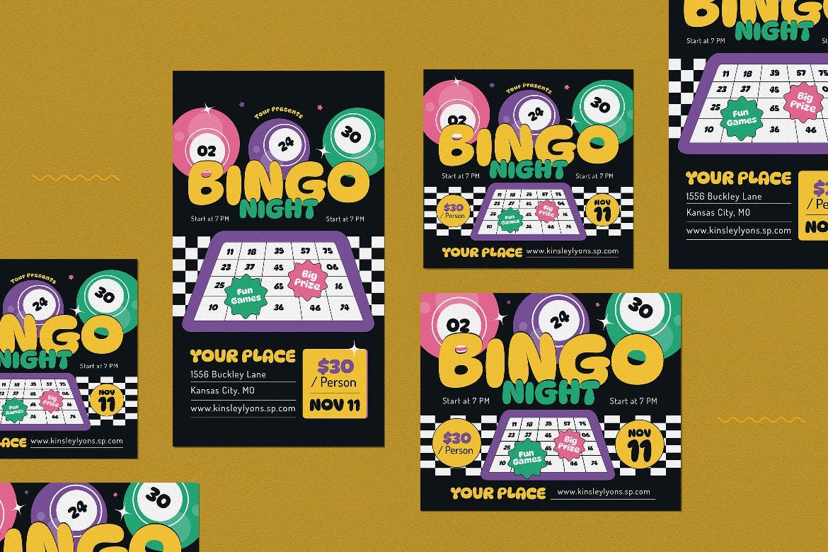 黑色平面设计宾果之夜传单海报素材 Black Flat Design Bingo Night Flyer Set 设计素材 第4张