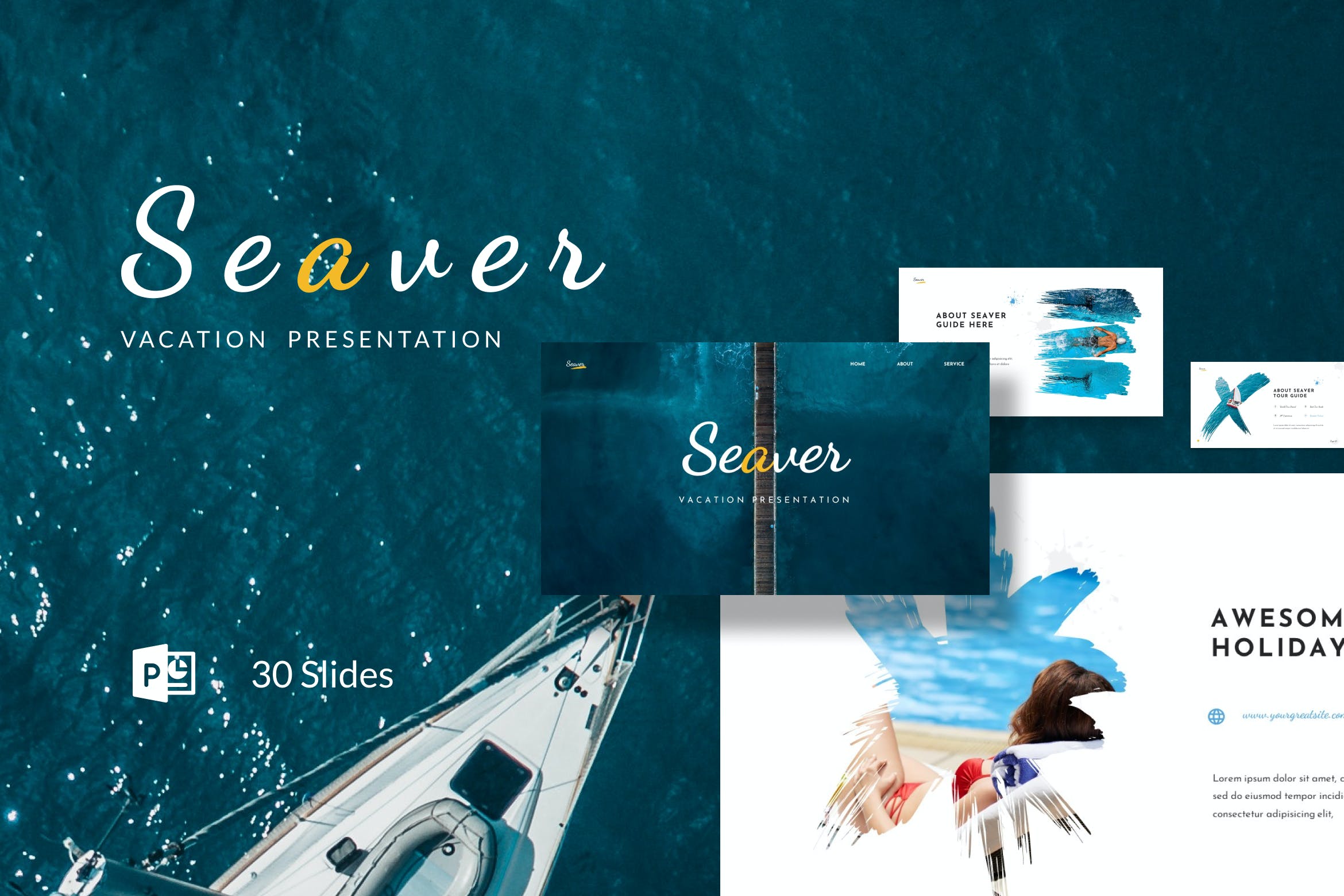 旅行度假笔刷PPT幻灯片模板素材 Seaver – Vacation Presentation PowerPoint 幻灯图表 第1张