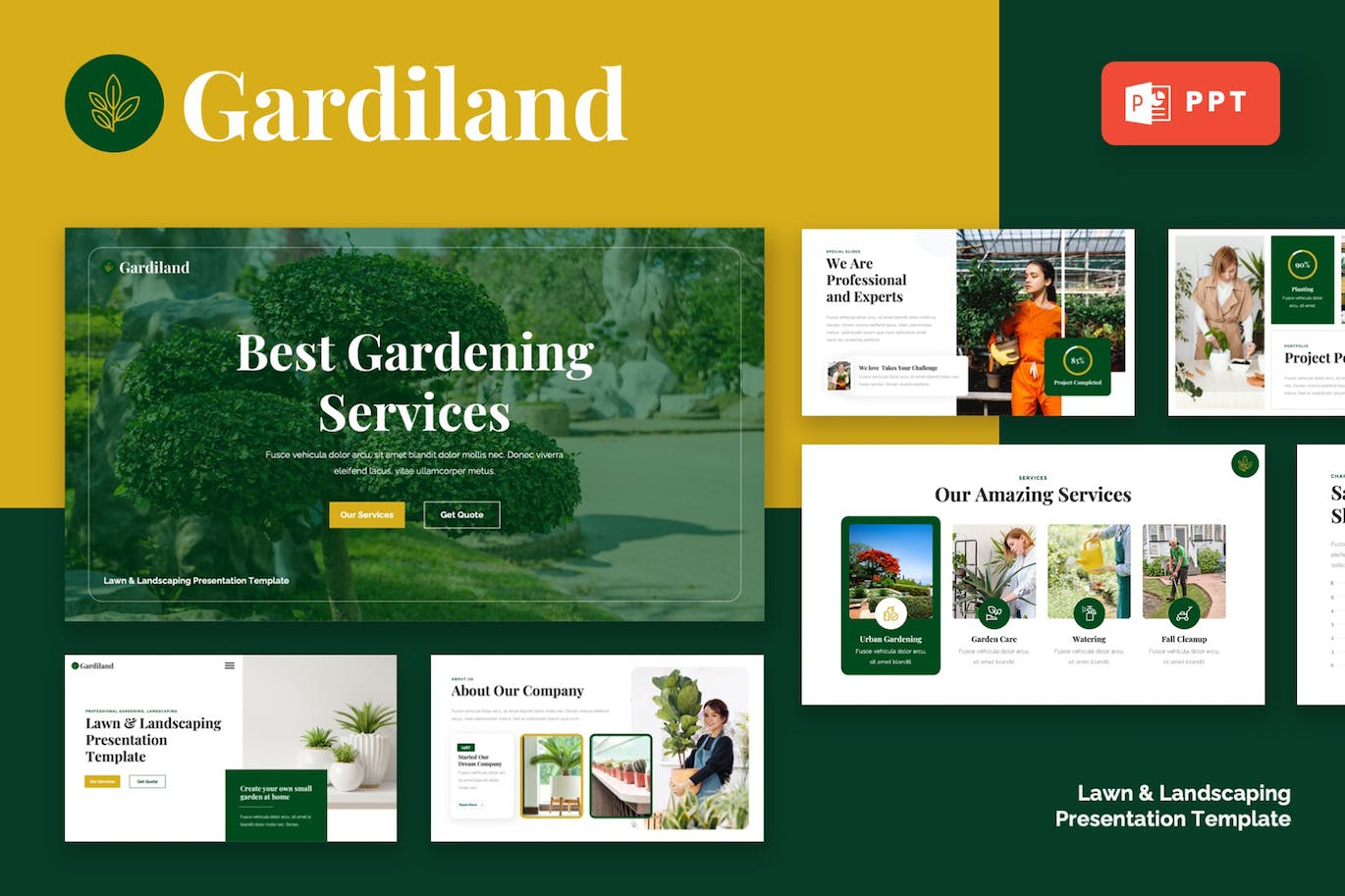 草坪和园林绿化PPT幻灯片设计模板 GARDILAND – Lawn & Landscaping Powerpoint Template 幻灯图表 第1张