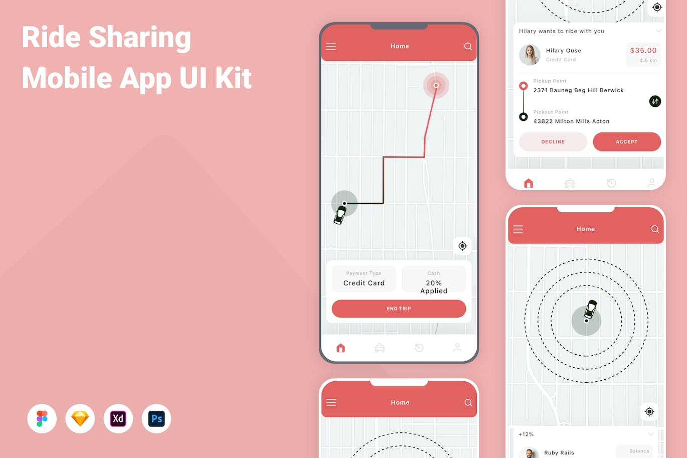 拼车打车应用程序App界面设计UI套件 Ride Sharing Mobile App UI Kit APP UI 第1张