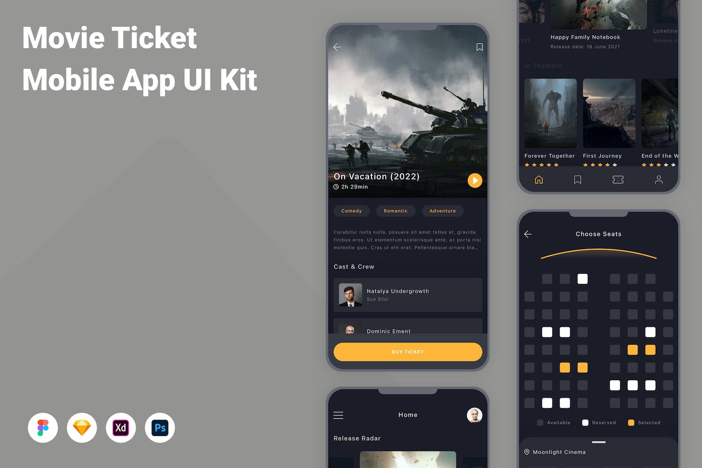 电影票App手机应用程序UI设计素材 Movie Ticket Mobile App UI Kit APP UI 第1张