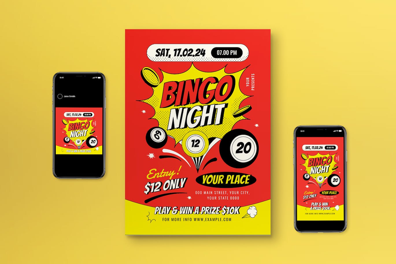 红色波普艺术宾果之夜海报设计模板 Red Pop Art Bingo Night Flyer Set 设计素材 第1张