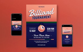 台球比赛传单素材 Billiard Tournament Flyer Set