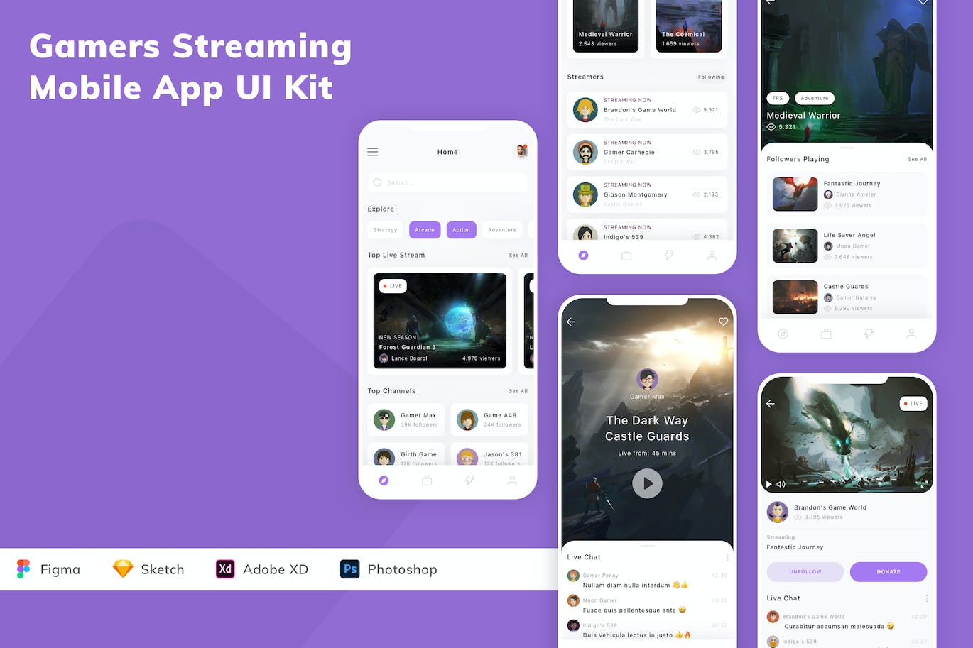 游戏玩家流媒体App应用程序UI设计模板套件 Gamers Streaming Mobile App UI Kit APP UI 第1张