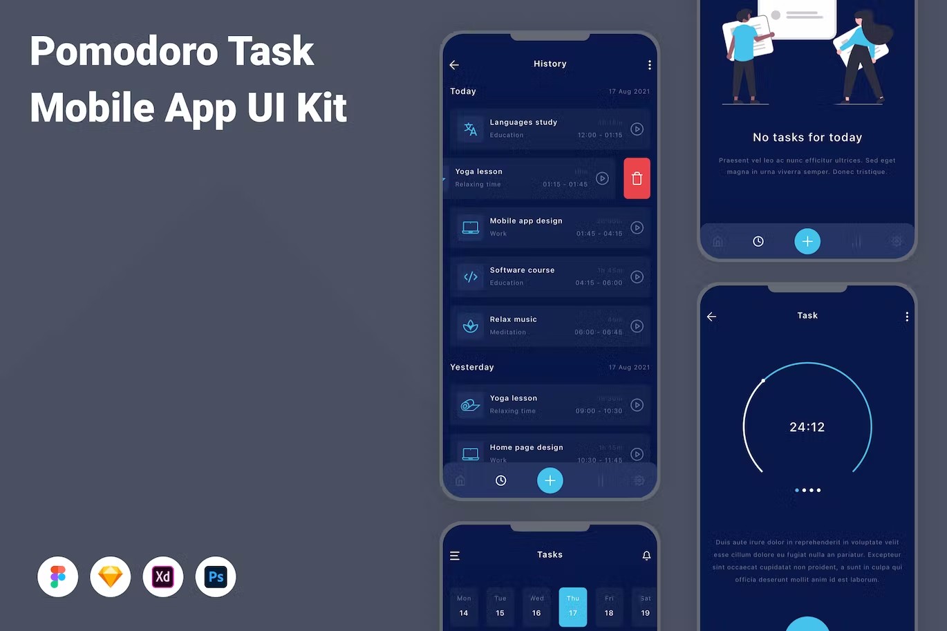 任务日程App应用程序UI设计模板套件 Pomodoro Task Mobile App UI Kit APP UI 第1张