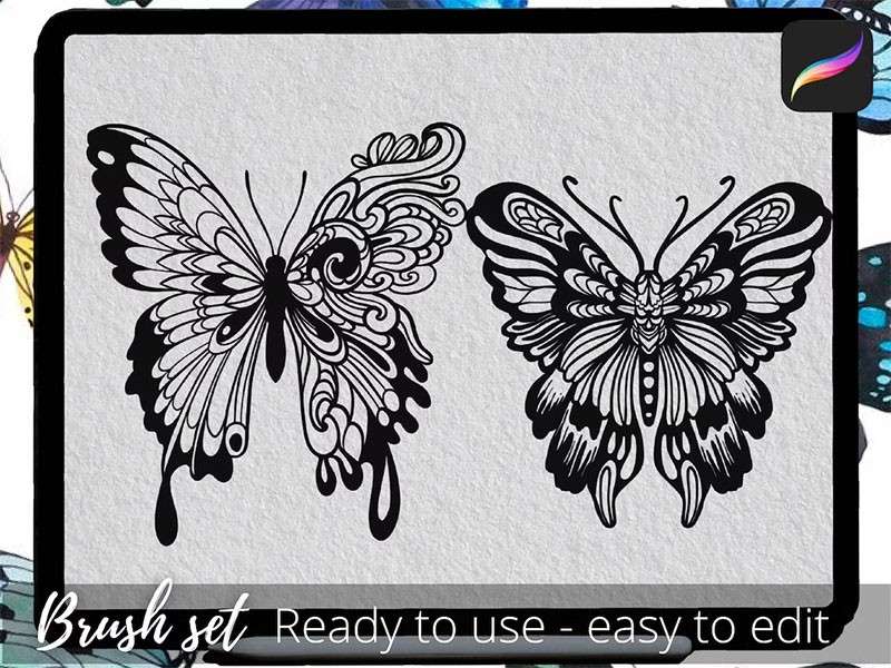 70个蝴蝶纹身线描画Procreate笔刷 笔刷资源 第2张