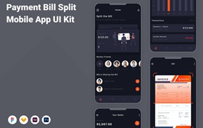 账单拆分App应用程序UI设计模板套件 Payment Bill Split Mobile App UI Kit