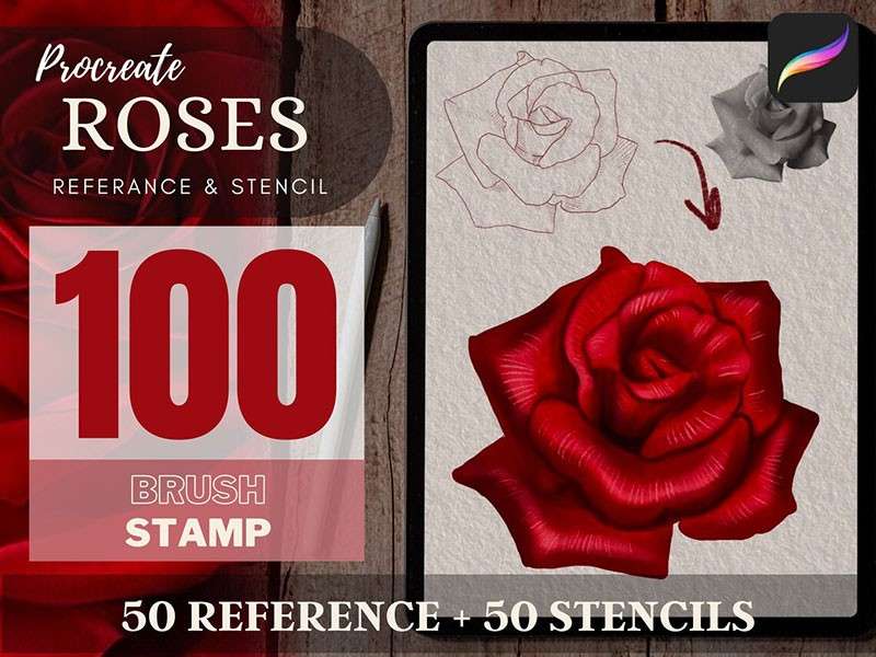 100个玫瑰花纹身图案Procreate笔刷 笔刷资源 第1张