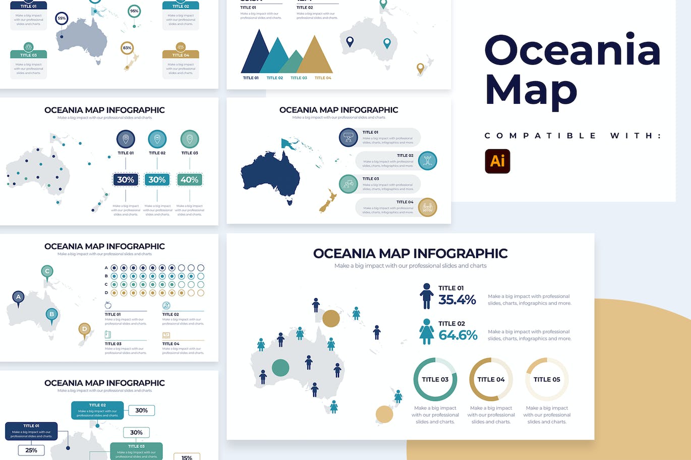 大洋洲地图信息图表设计AI矢量模板 Education Oceania Map Illustrator Infographics 幻灯图表 第1张