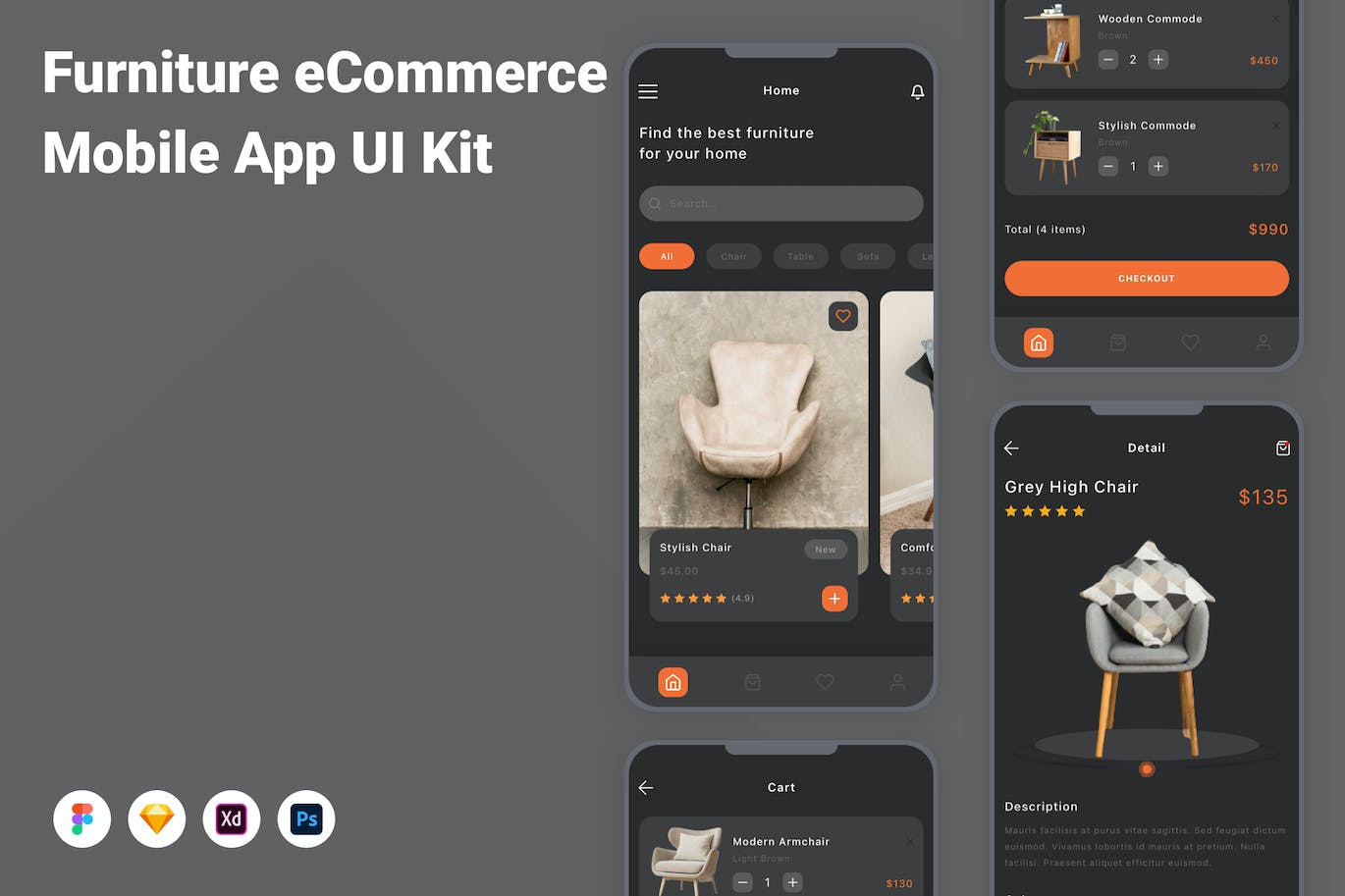 家具电子商务App应用程序UI设计模板套件 Furniture eCommerce Mobile App UI Kit APP UI 第1张