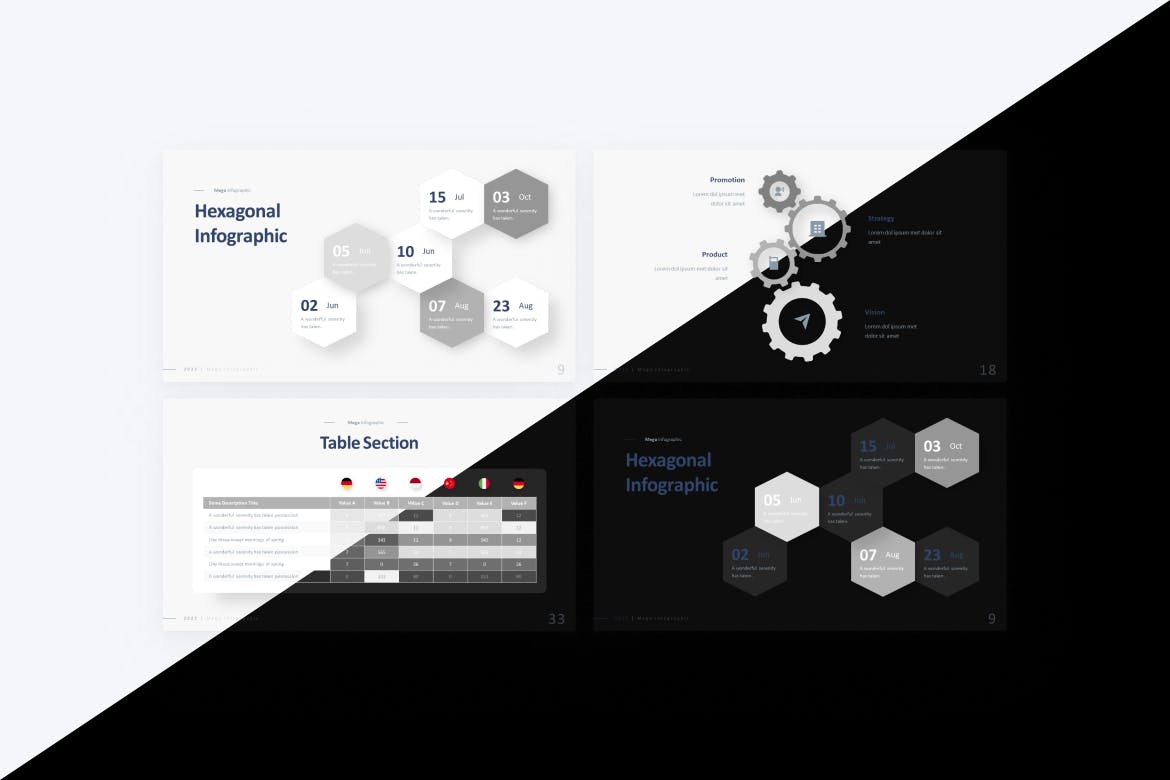 六角形、齿轮信息图表PPT设计模板 Hexagonal, Gear & Infographic PowerPoint Template 幻灯图表 第2张