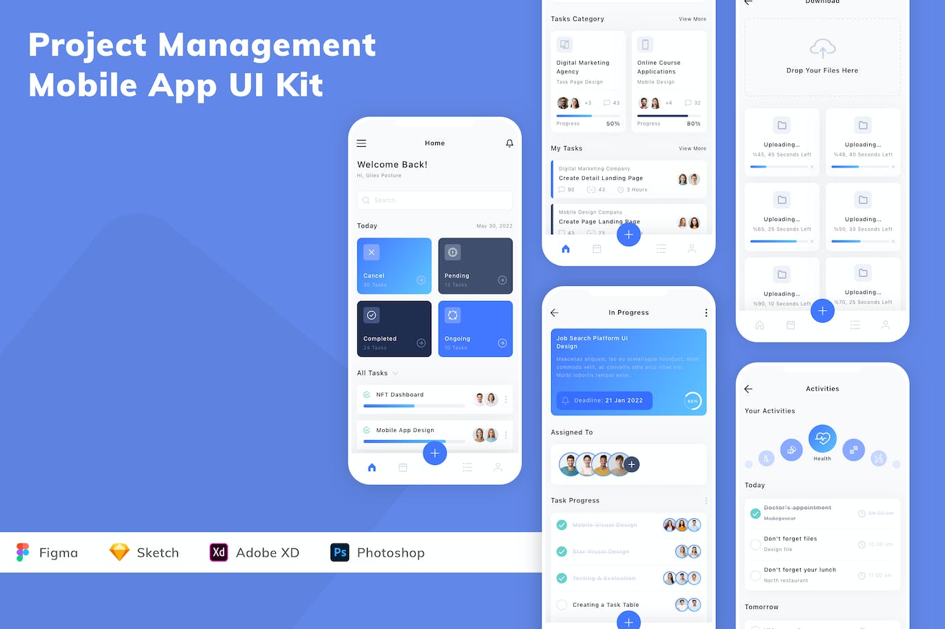 项目管理App应用程序UI设计模板套件 Project Management Mobile App UI Kit APP UI 第1张