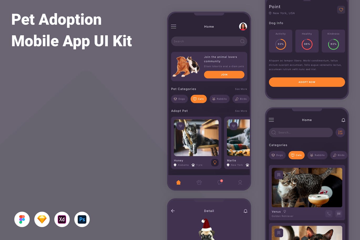 宠物领养App应用程序UI设计模板套件 Pet Adoption Mobile App UI Kit APP UI 第1张
