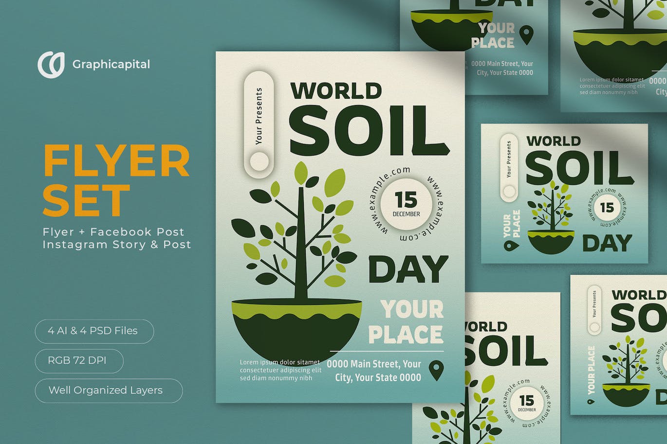 蓝色梯度渐变世界土壤日传单海报设计 Blue Gradient World Soil Day Flyer Set 设计素材 第1张
