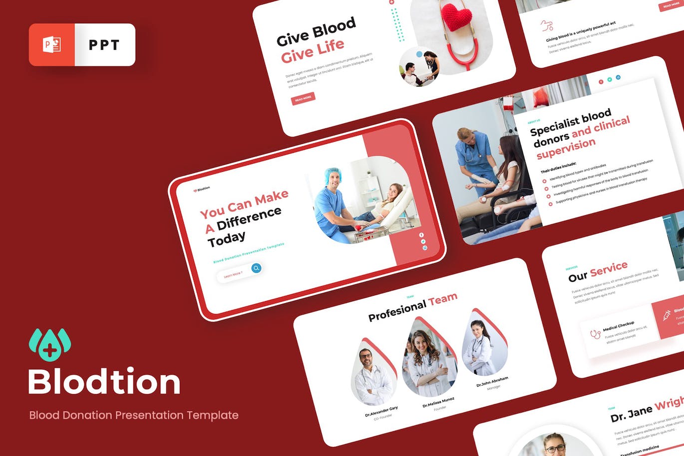 献血活动PPT幻灯片模板下载 BLODTION – Blood Donation Powerpoint Template 幻灯图表 第1张