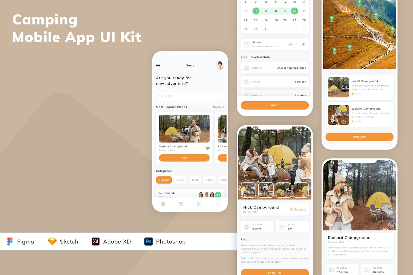 露营旅行App应用程序UI设计模板套件 Camping Mobile App UI Kit APP UI 第1张
