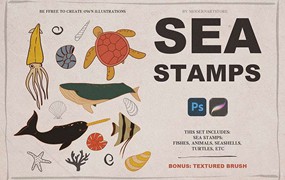 海洋动物卡通线描画Procreate和PS笔刷