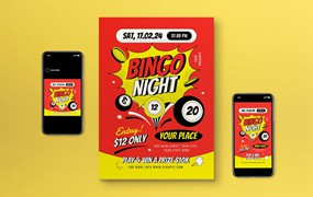 红色波普艺术宾果之夜海报设计模板 Red Pop Art Bingo Night Flyer Set