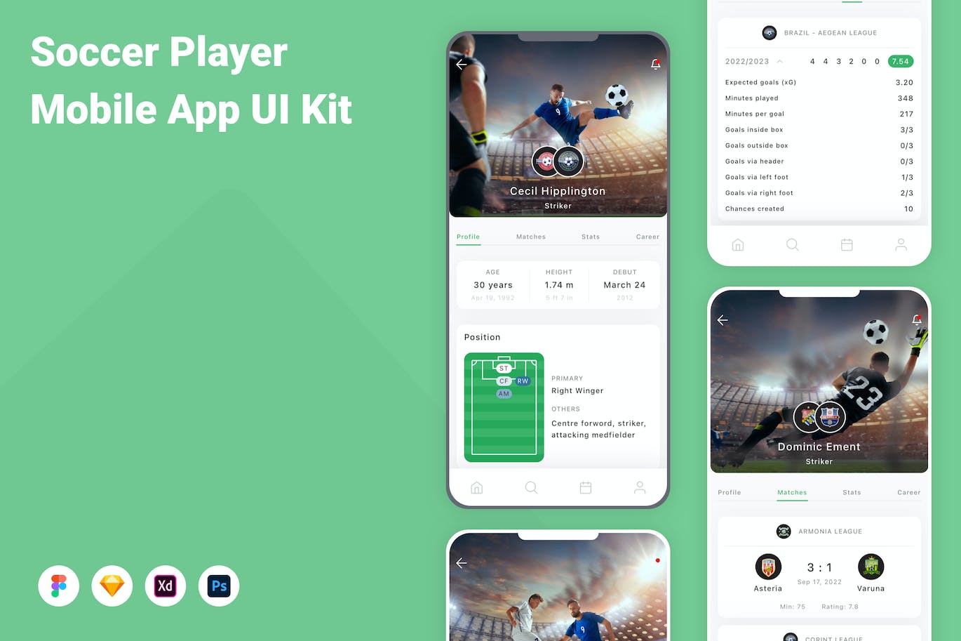 足球运动员信息移动应用程序App设计UI模板 Soccer Player Mobile App UI Kit APP UI 第1张