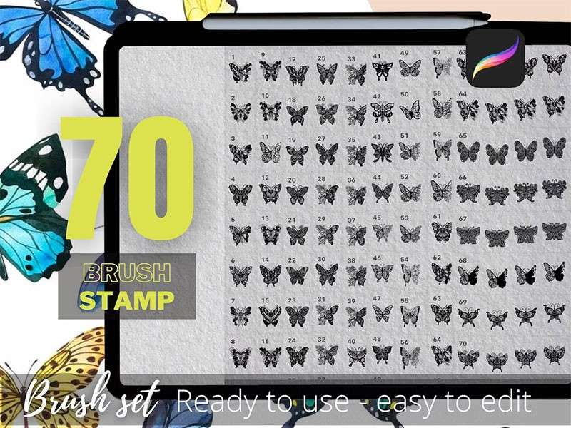 70个蝴蝶纹身线描画Procreate笔刷 笔刷资源 第3张