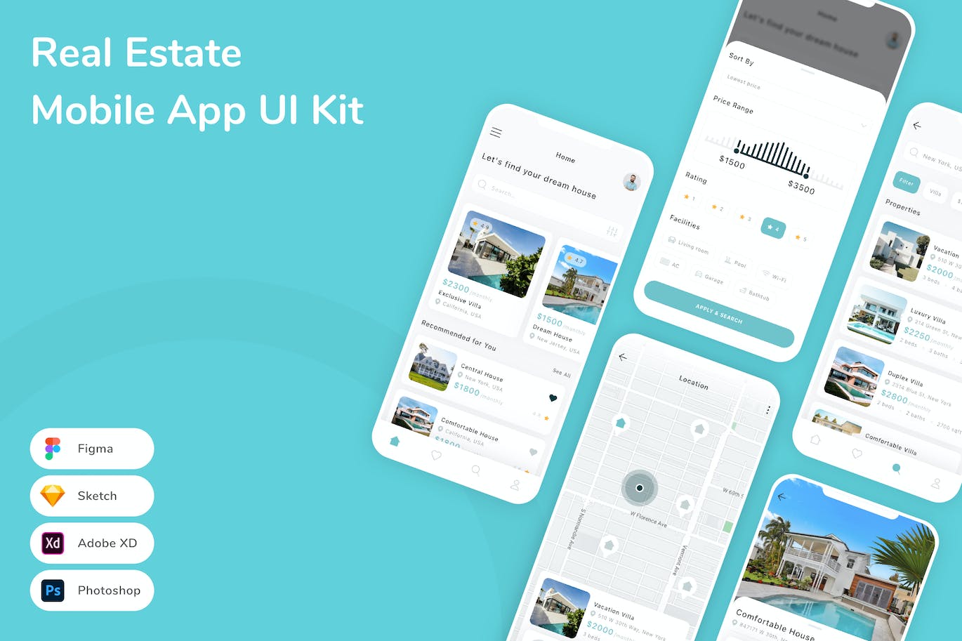 房地产物业应用程序App界面设计UI套件 Real Estate Mobile App UI Kit APP UI 第1张