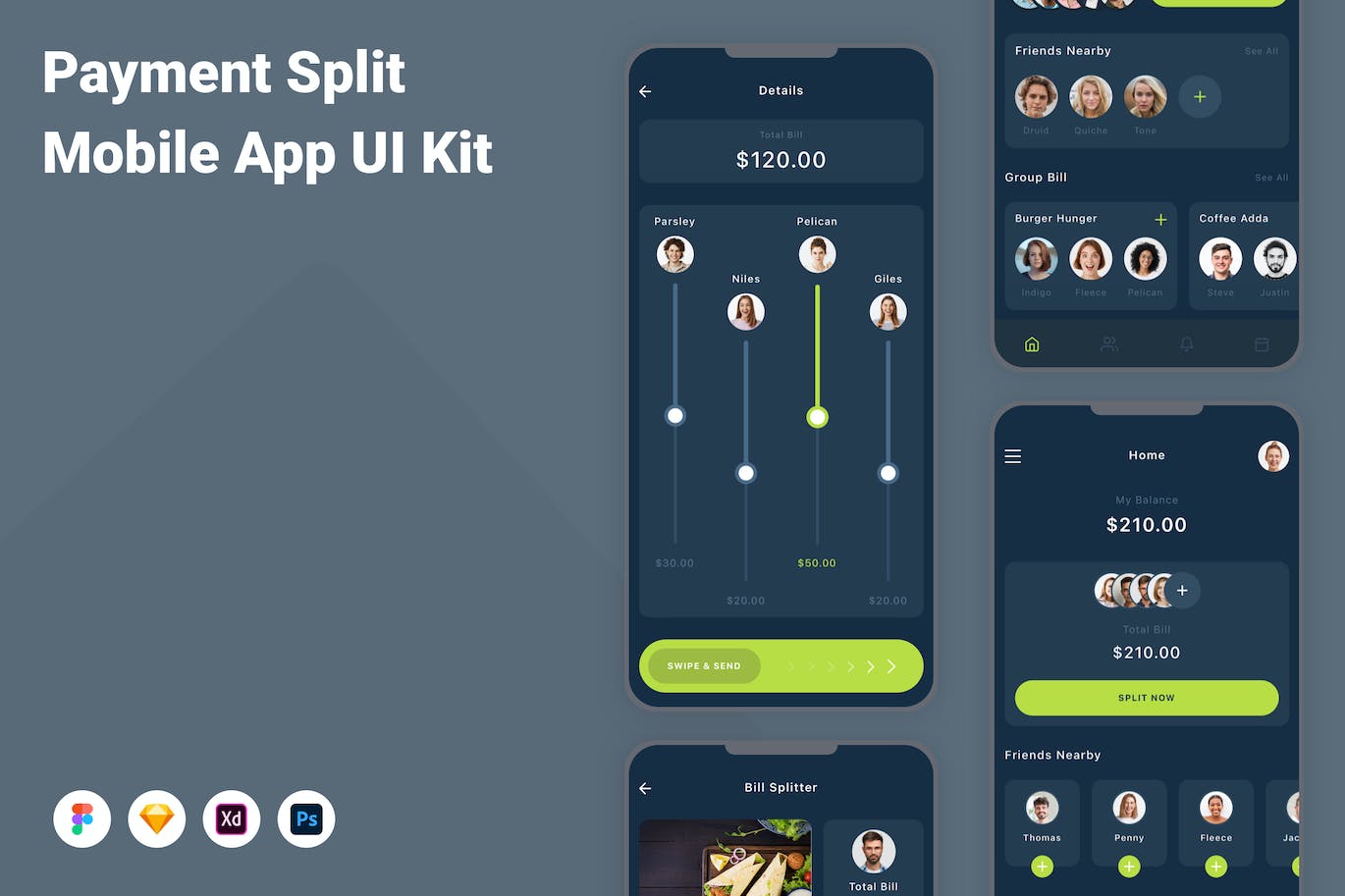 账单付款分摊App应用程序UI设计模板套件 Payment Split Mobile App UI Kit APP UI 第1张