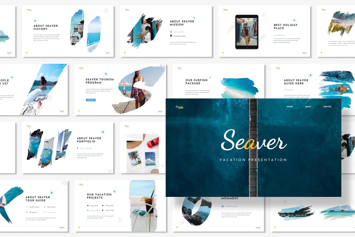 旅行度假笔刷PPT幻灯片模板素材 Seaver – Vacation Presentation PowerPoint 幻灯图表 第2张