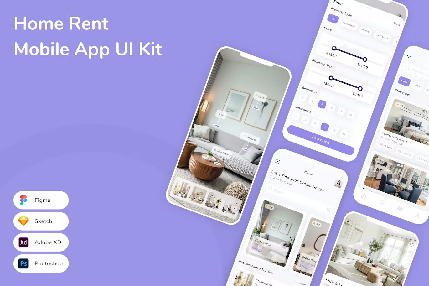 房屋租赁App手机应用程序UI设计素材 Home Rent Mobile App UI Kit APP UI 第1张
