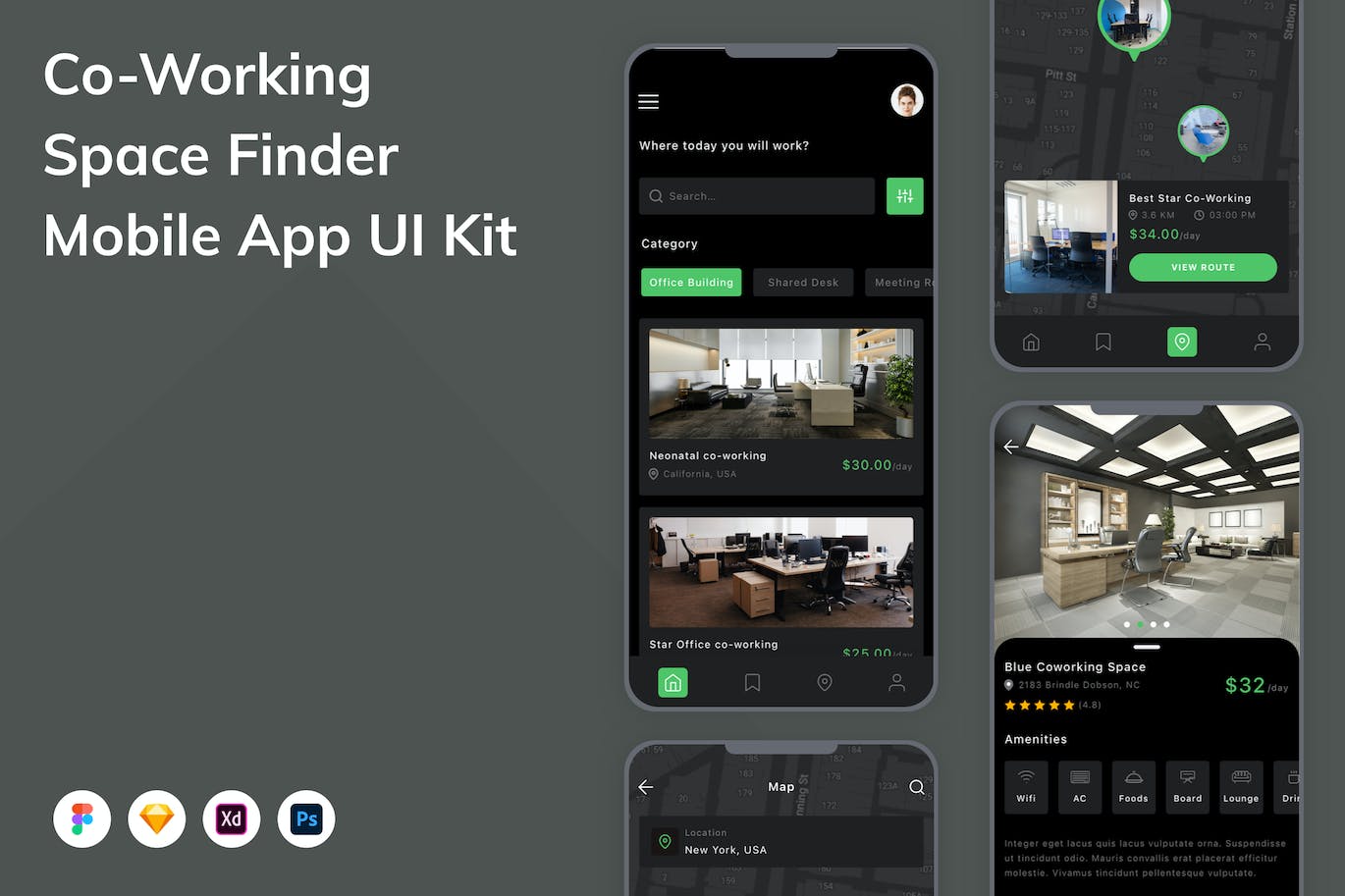 办公室查找App手机应用程序UI设计素材 Co-Working Space Finder Mobile App UI Kit APP UI 第1张