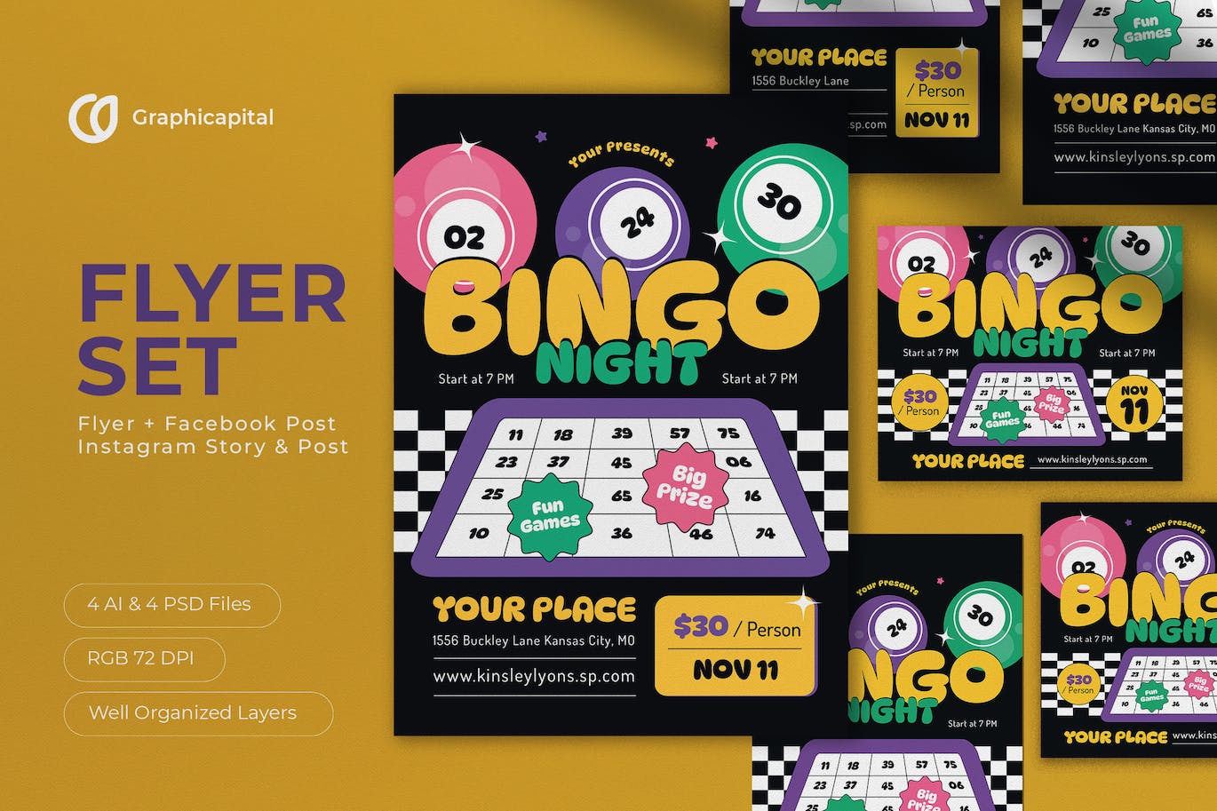 黑色平面设计宾果之夜传单海报素材 Black Flat Design Bingo Night Flyer Set 设计素材 第1张