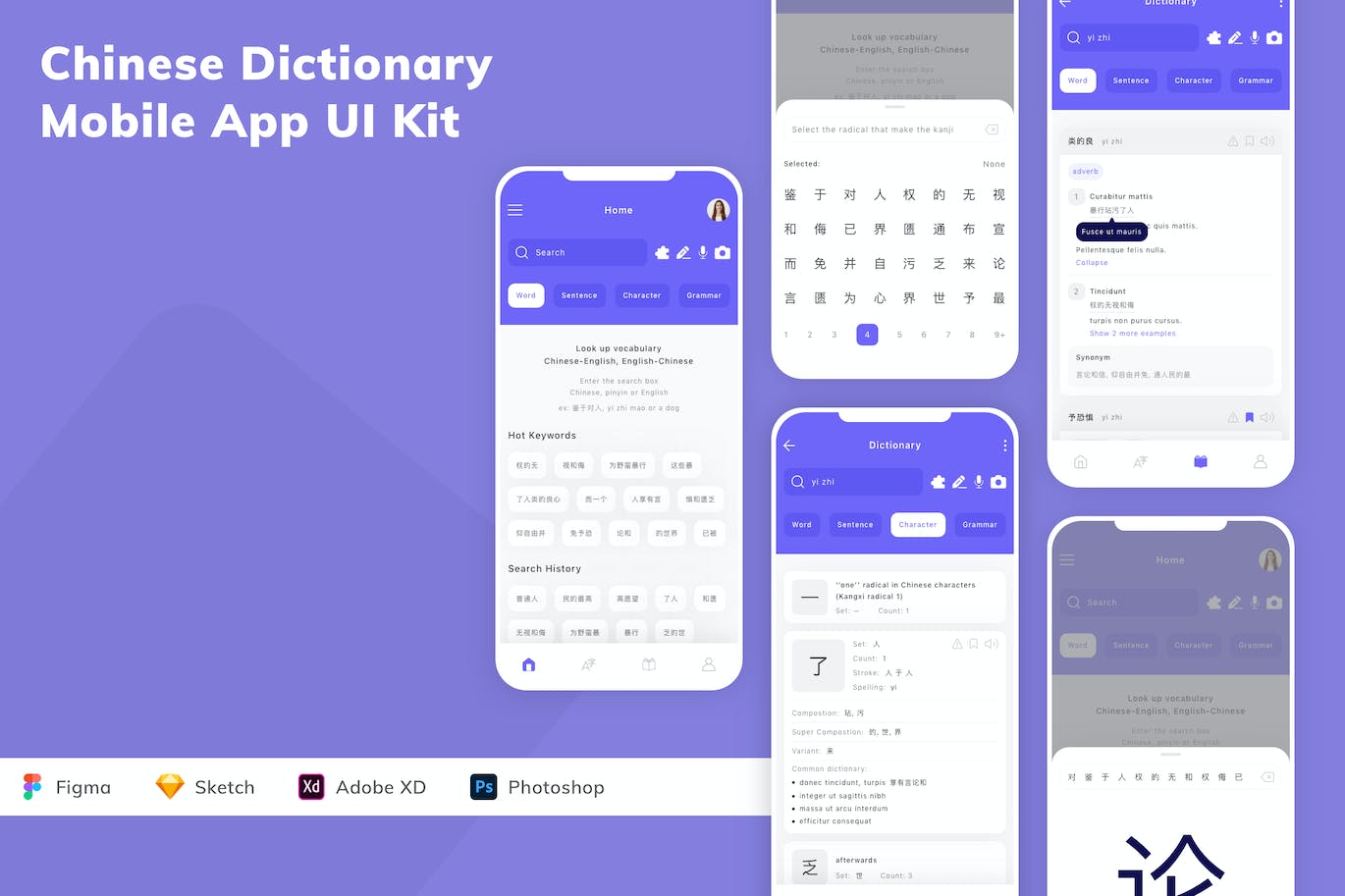 汉语词典App应用程序UI设计模板套件 Chinese Dictionary Mobile App UI Kit APP UI 第1张