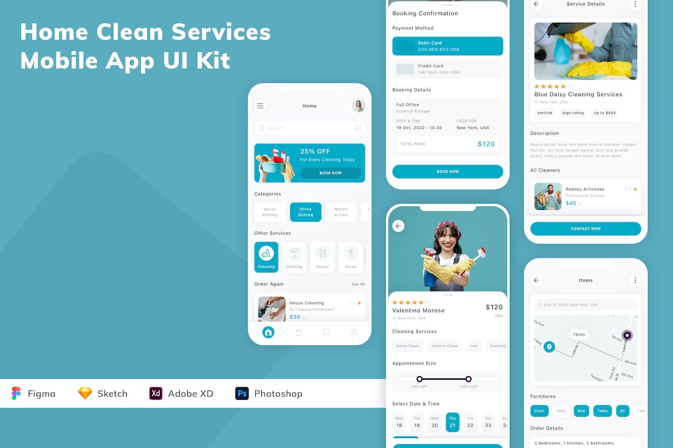 家庭清洁服务App应用程序UI设计模板套件 Home Clean Services Mobile App UI Kit APP UI 第1张